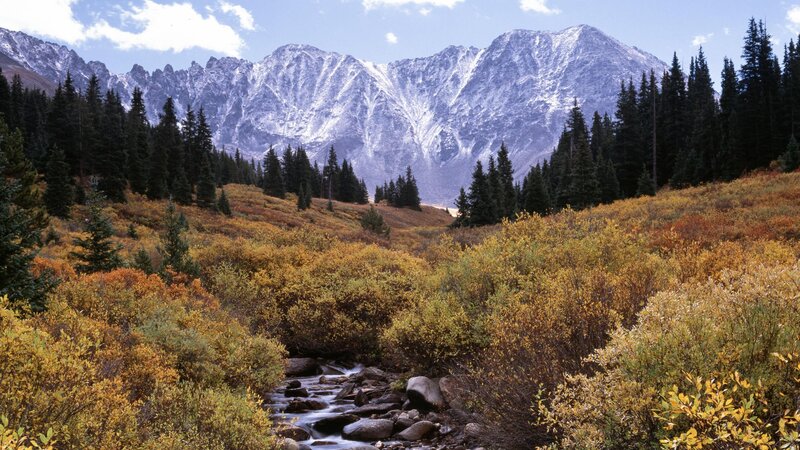 Mountain Stream in Autumn — Yellow, Serene, Photograph, Snow-capped Mountains
