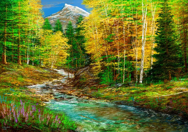 Mountain Stream in Forest — Green, Serene, Autumn