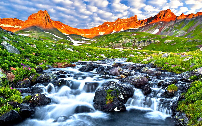 Mountain Stream in Meadow — Green, Dramatic