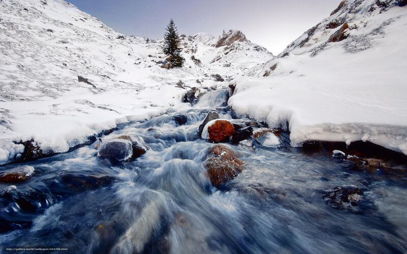 Mountain Stream in Snow — Blue, Serene