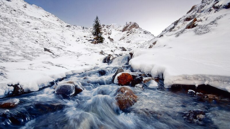 Mountain Stream in Snow — Serene