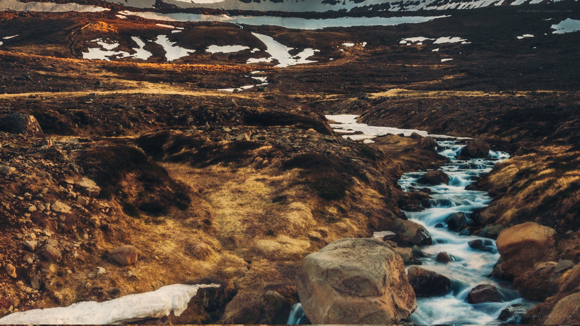 Mountain stream in snowy landscape
