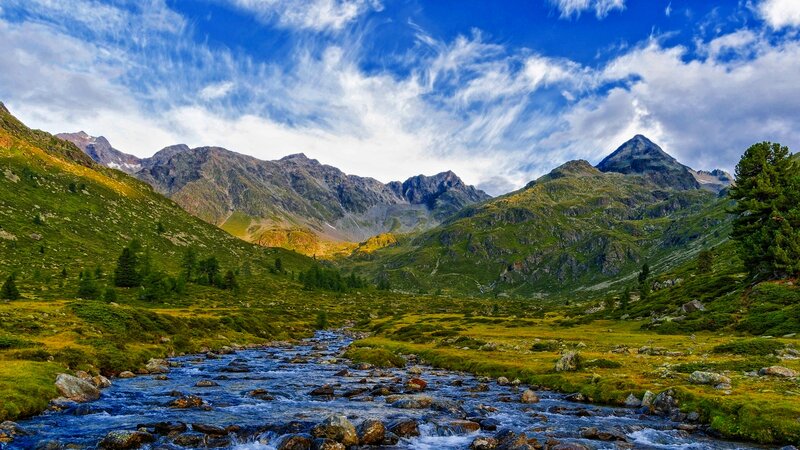 Mountain Stream in Valley — Blue, Serene, Afternoon, Photograph, Mountains, River