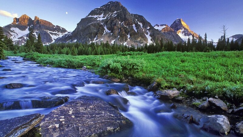 Mountain Stream in Valley — Blue, Serene, Morning, Photograph, Mountains