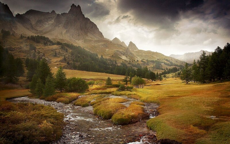 Mountain Stream in Valley — Brown, Dramatic, Afternoon, Photograph