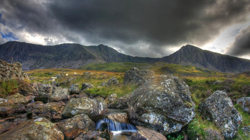 Mountain Stream in Valley — Green, Dramatic, Afternoon, Photograph, Rocks