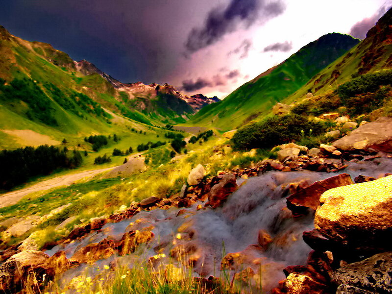 Mountain Stream in Valley — Green, Dramatic, Afternoon