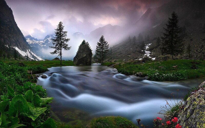 Mountain Stream in Valley — Green, Dramatic, Morning, Photograph