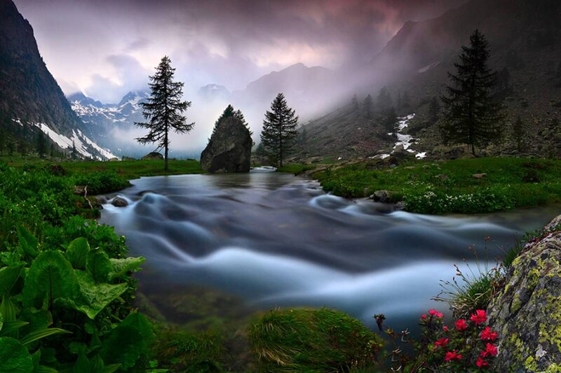 Mountain Stream in Valley — Green, Dramatic, Morning