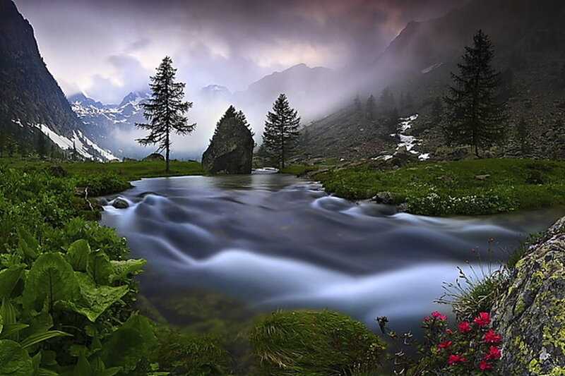 Mountain Stream in Valley — Green, Dramatic