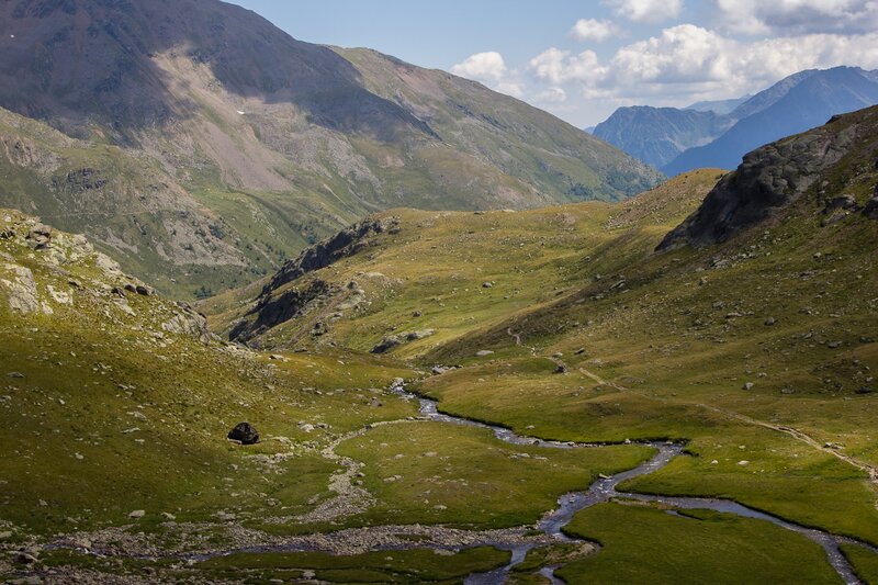 Mountain Stream in Valley — Green, Serene, Afternoon, Photograph, Mountains, Grass
