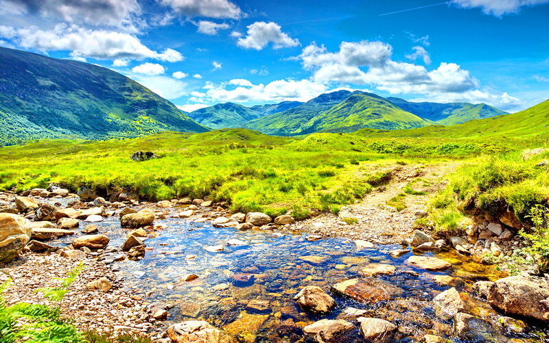 Mountain Stream in Valley — Green, Serene, Afternoon, Photograph, River, Grass