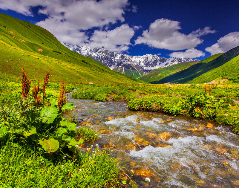 Mountain Stream in Valley — Green, Serene, Summer, Photograph, Green Hills