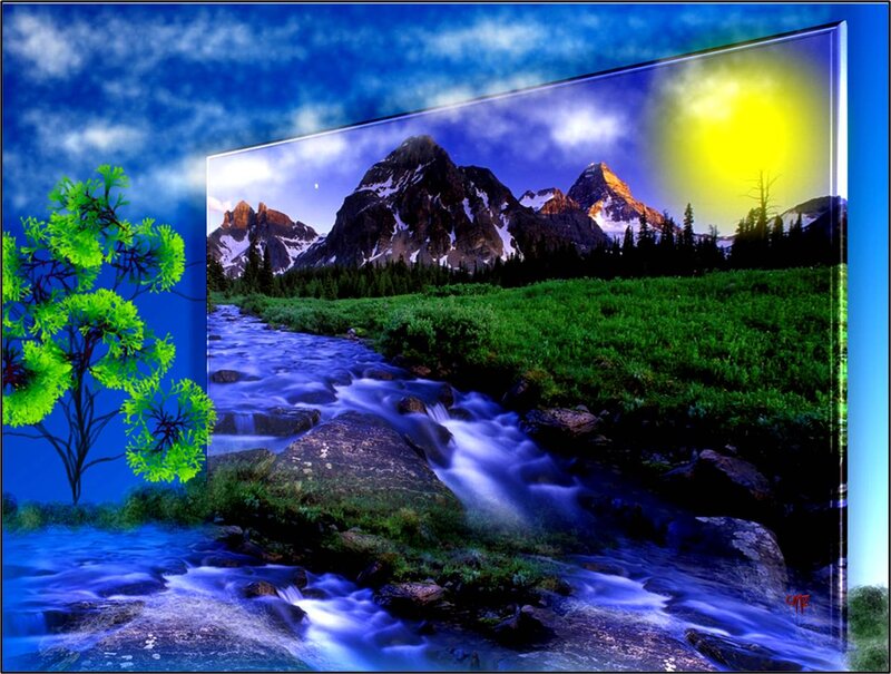 Mountain Stream Landscape — Blue, Serene