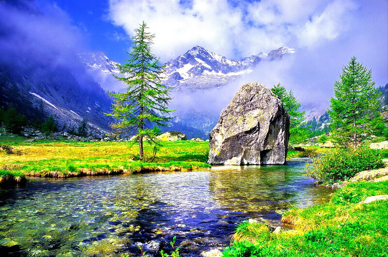 Mountain Stream Landscape — Green, Serene, Afternoon
