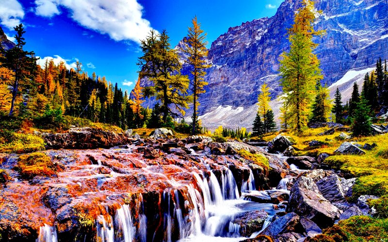 Mountain Stream Waterfall — Blue, Serene, Autumn, Photograph