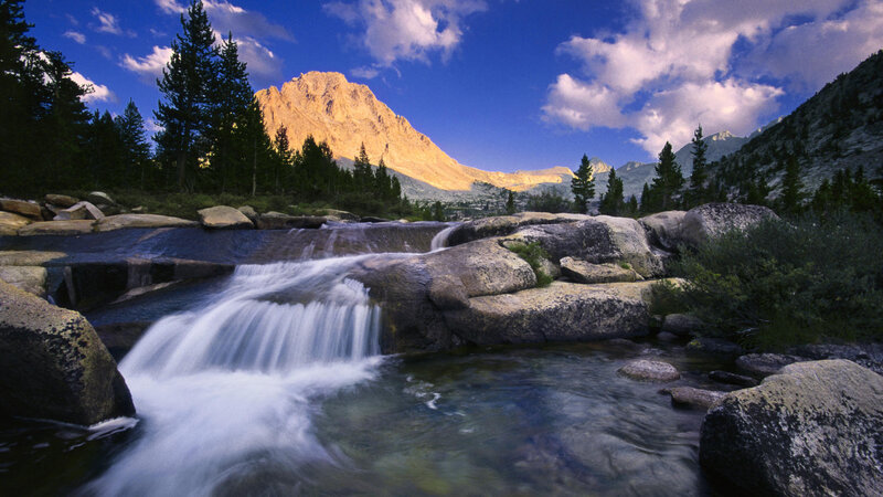 Mountain Stream Waterfall — Blue, Serene, Sunset, Photograph