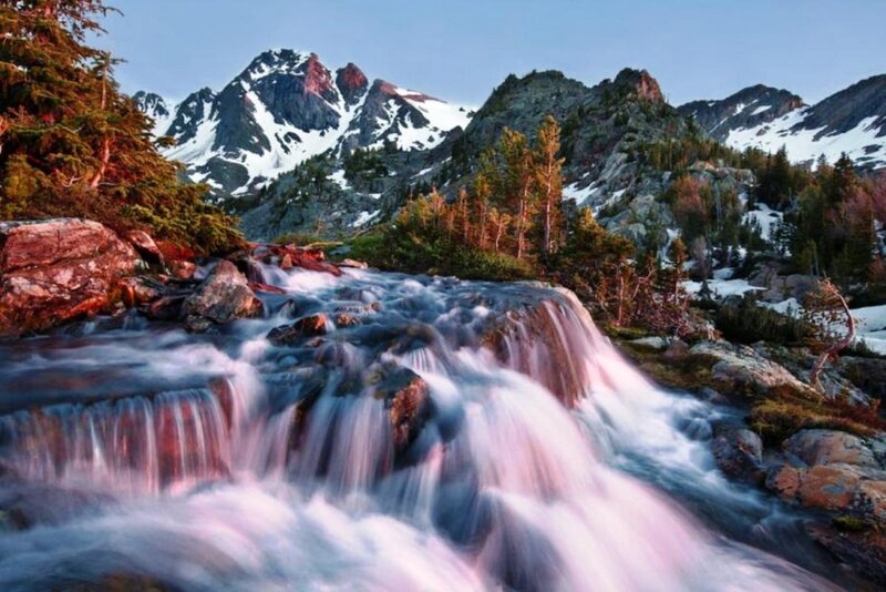 Mountain Stream Waterfall — Blue, Serene, Sunset