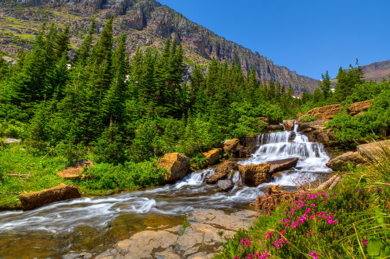 Mountain Stream Waterfall — Green, Serene, Summer, Photograph