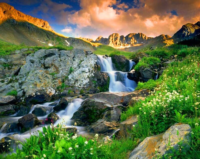 Mountain Stream Waterfall — Green, Serene, Sunset