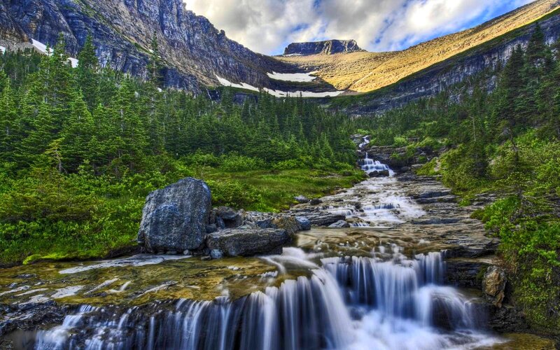 Mountain Stream Waterfall — Green, Serene