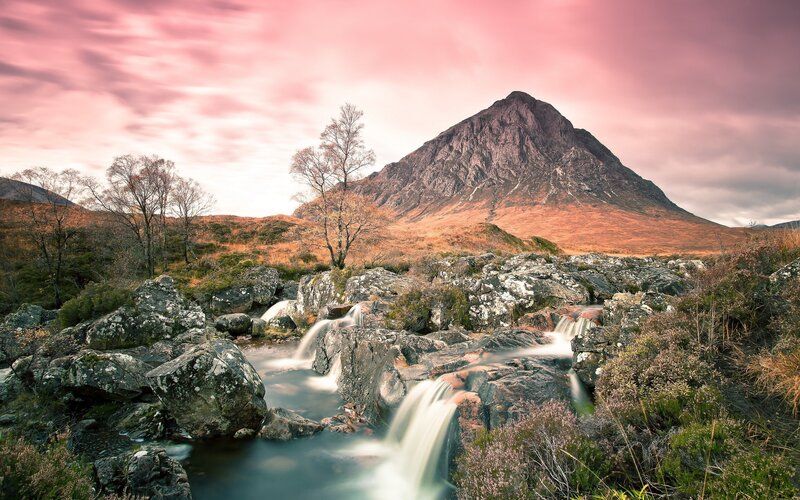 Mountain Stream Waterfall — Pink, Serene, Sunset