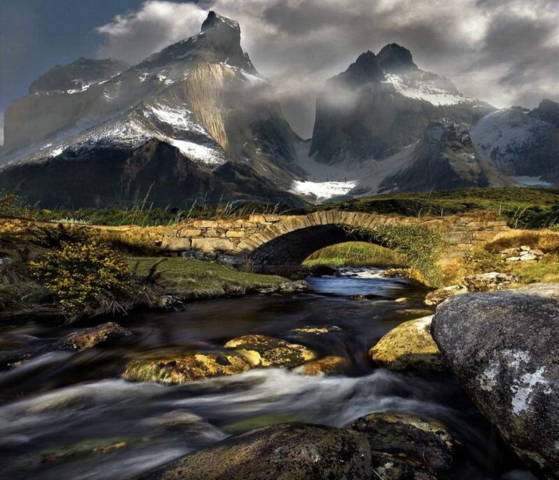 Mountain Stream with Bridge