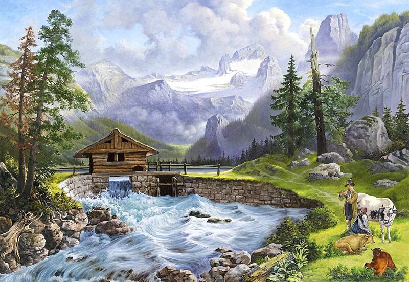 Mountain Stream with Cabin — Green