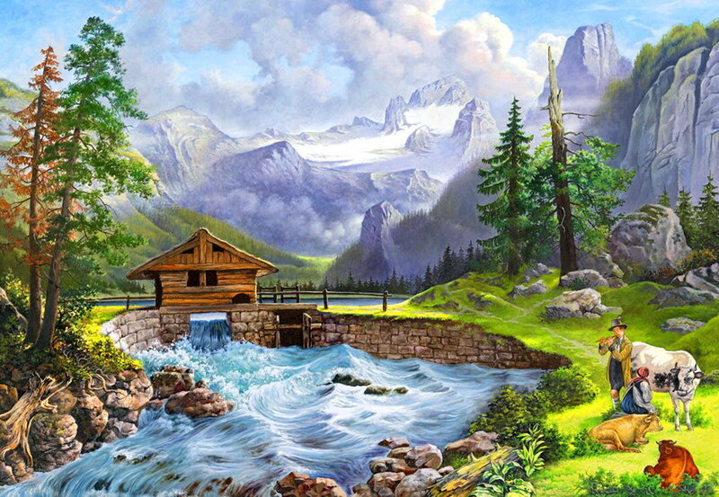 Mountain Stream with Cabin