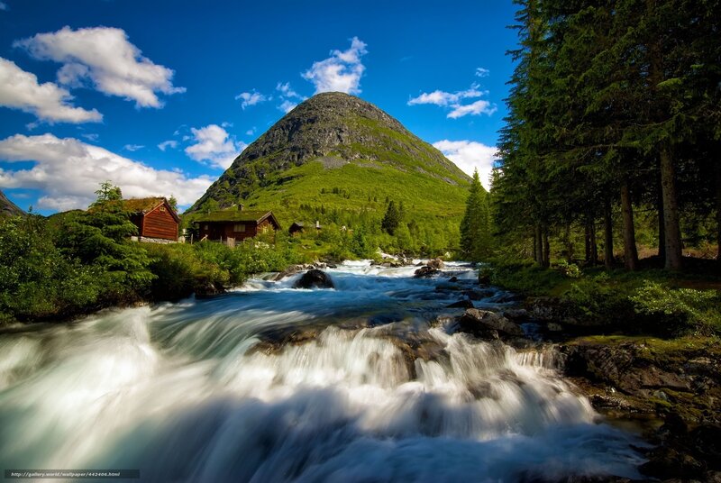 Mountain stream with cabins