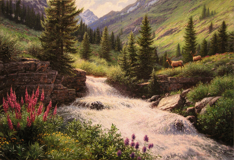 Mountain stream with elk