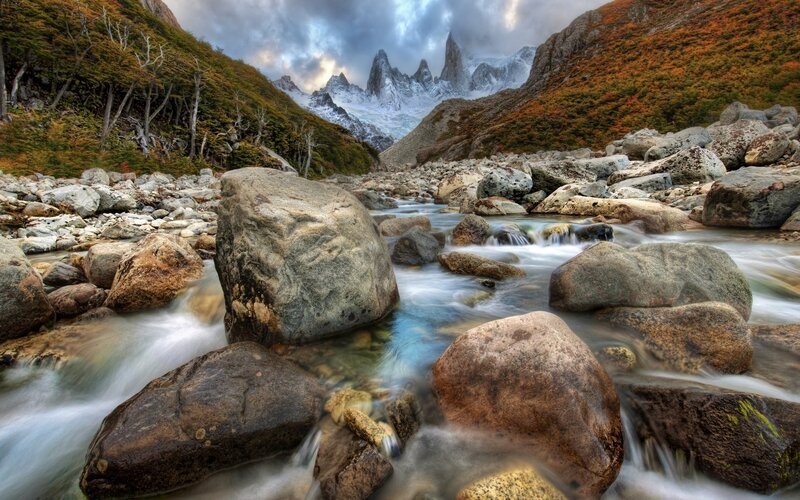Mountain stream with peaks in background