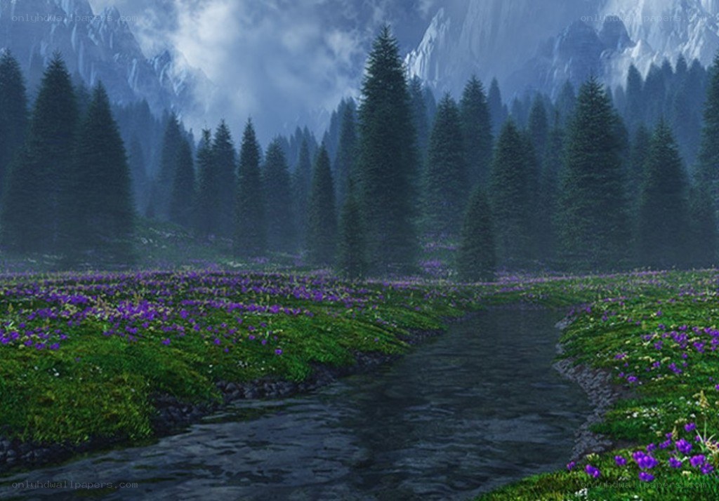 Mountain stream with purple flowers