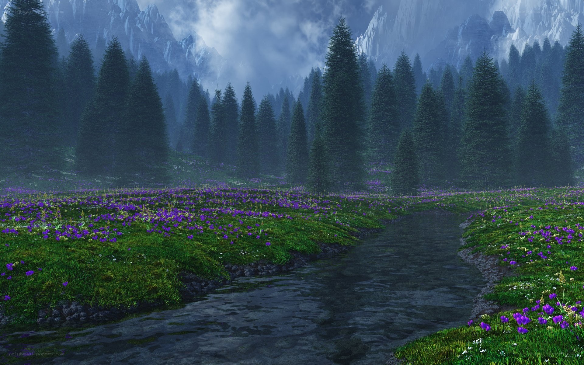 Mountain stream with purple flowers