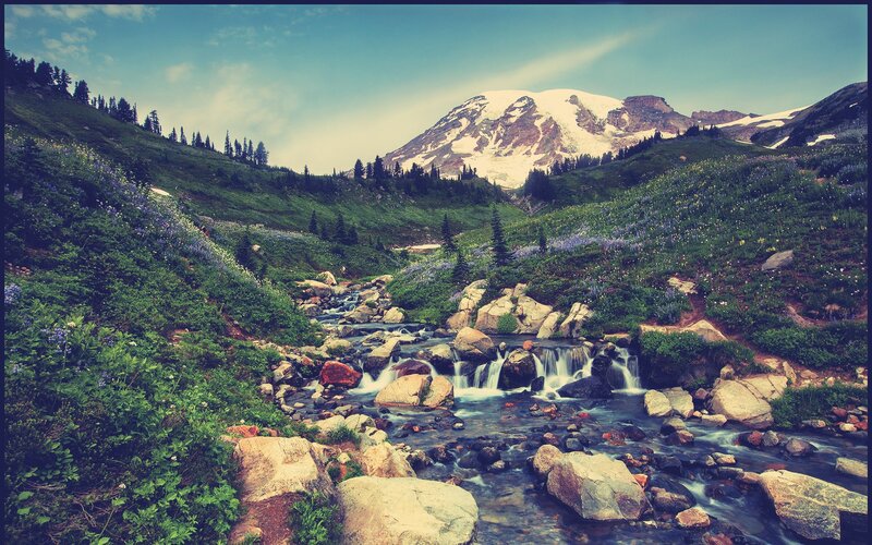 Mountain stream with snow-capped peak