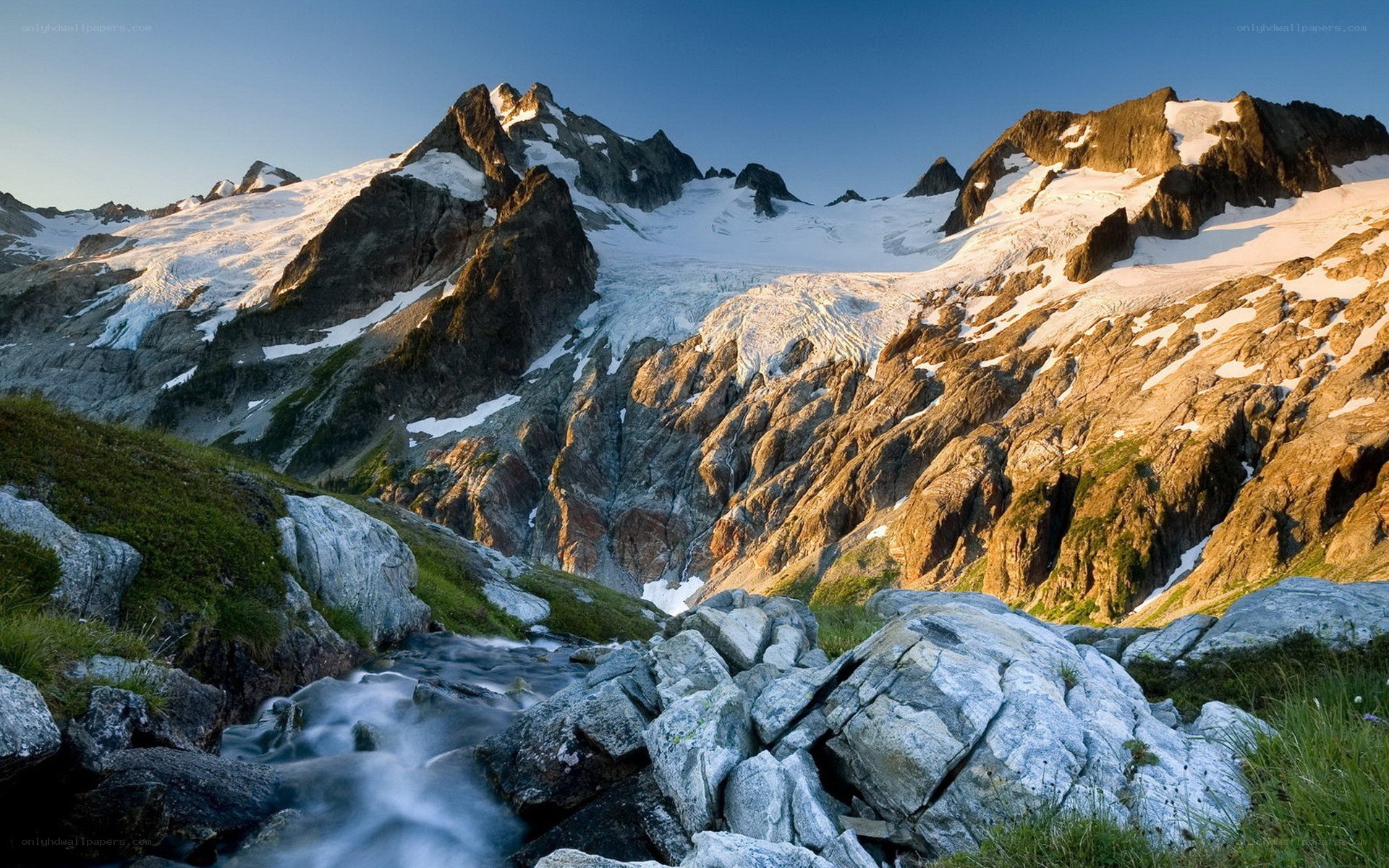 Mountain stream with snow-capped peaks