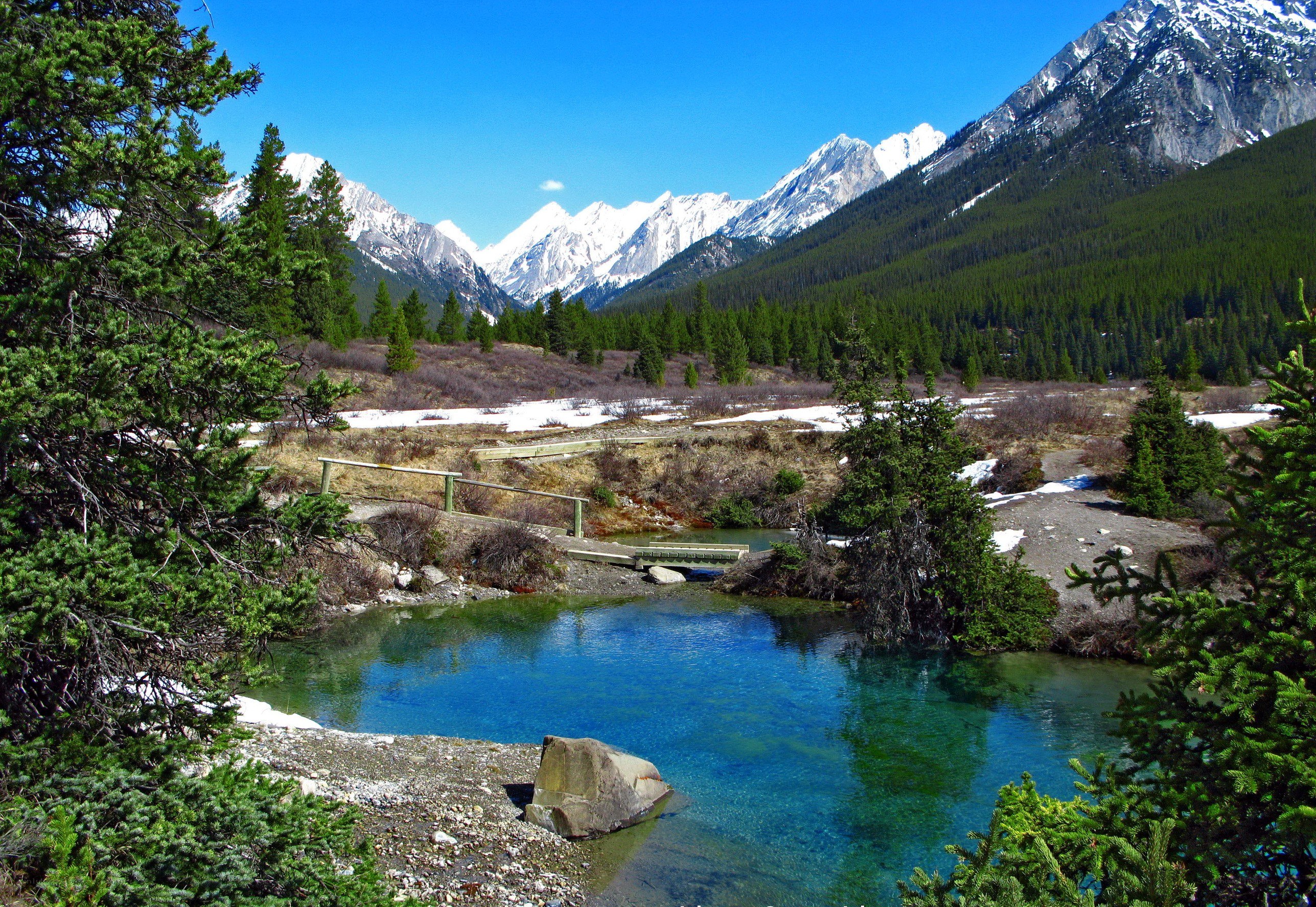 Mountain stream with snow-capped peaks