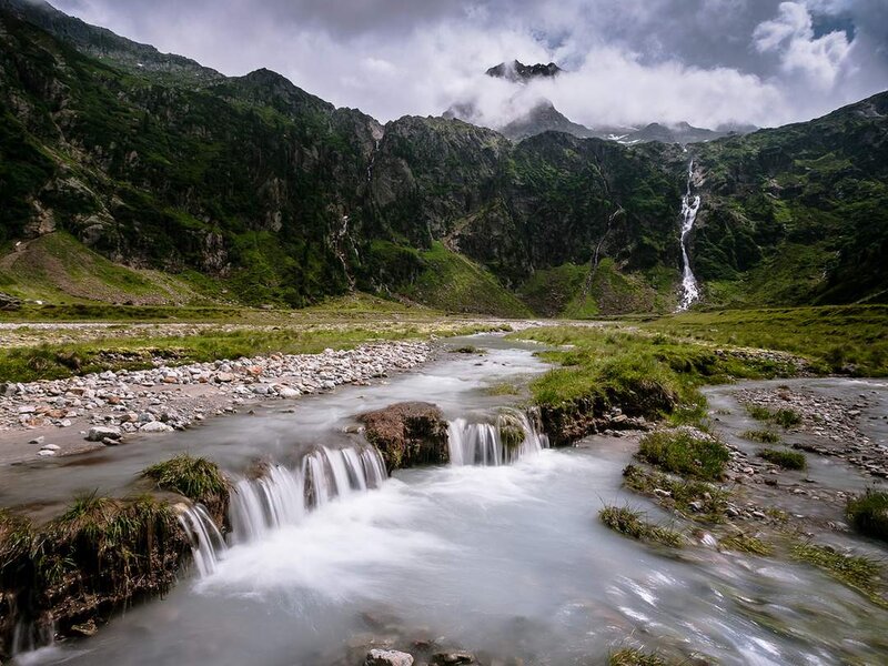 Mountain Stream with Waterfall — Green, Dramatic