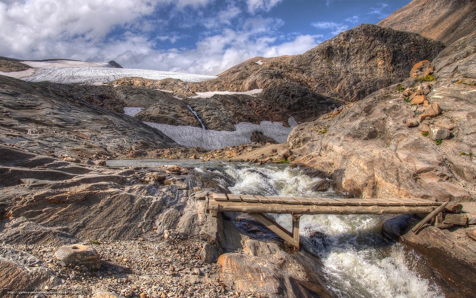 Mountain stream with wooden bridge