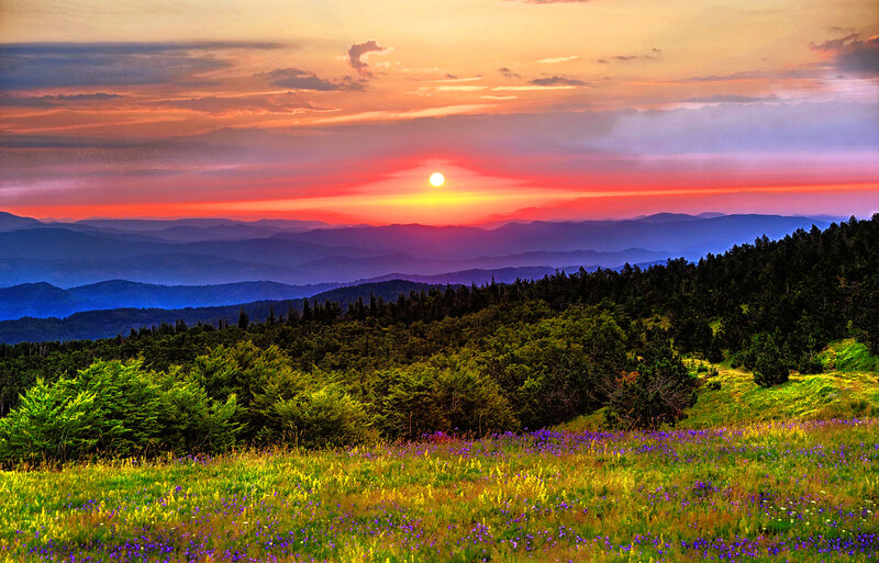 Mountain Sunset Landscape — Orange, Serene, Photograph