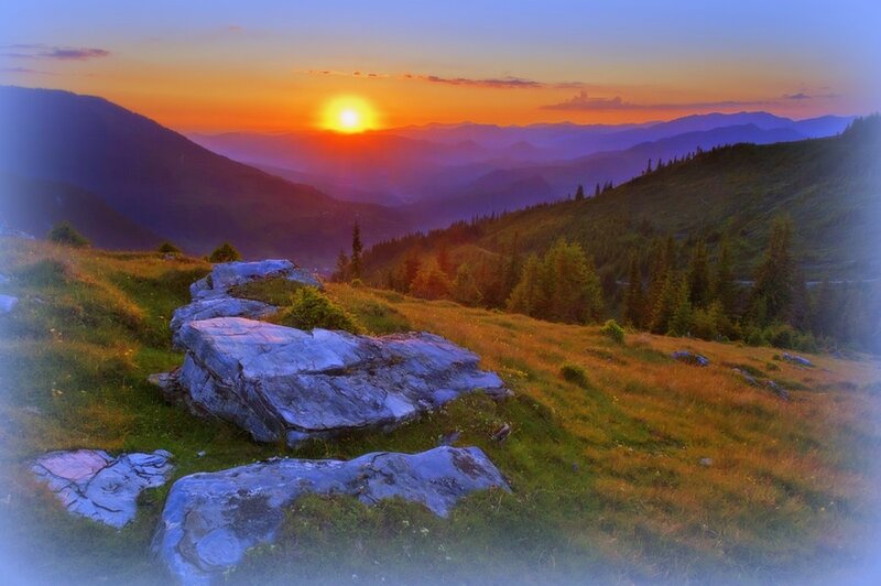 Mountain Sunset Landscape — Orange, Serene
