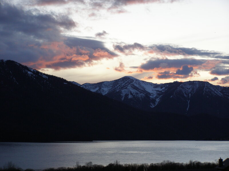 mountain sunset over lake