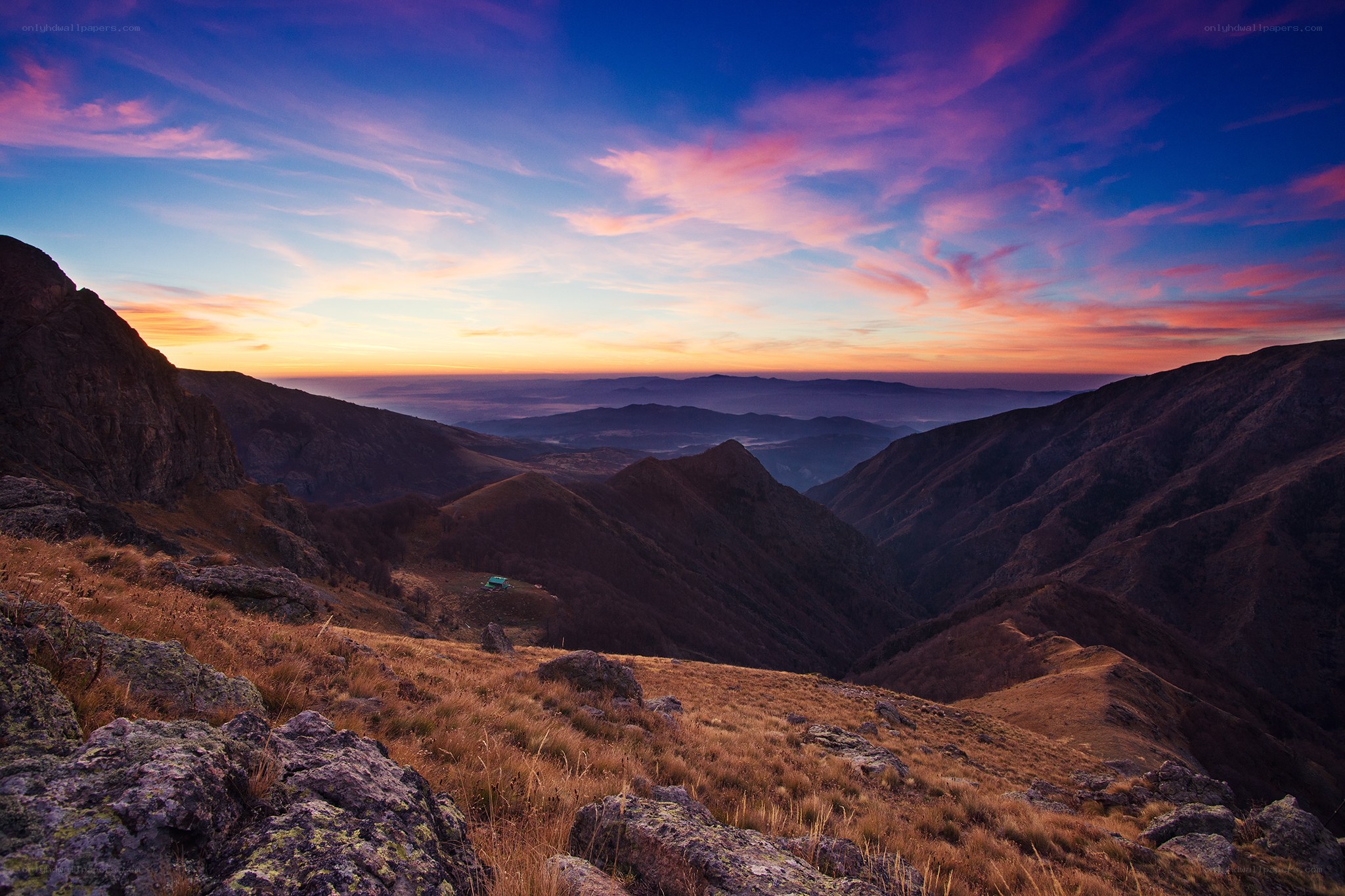 Mountain sunset with colorful sky
