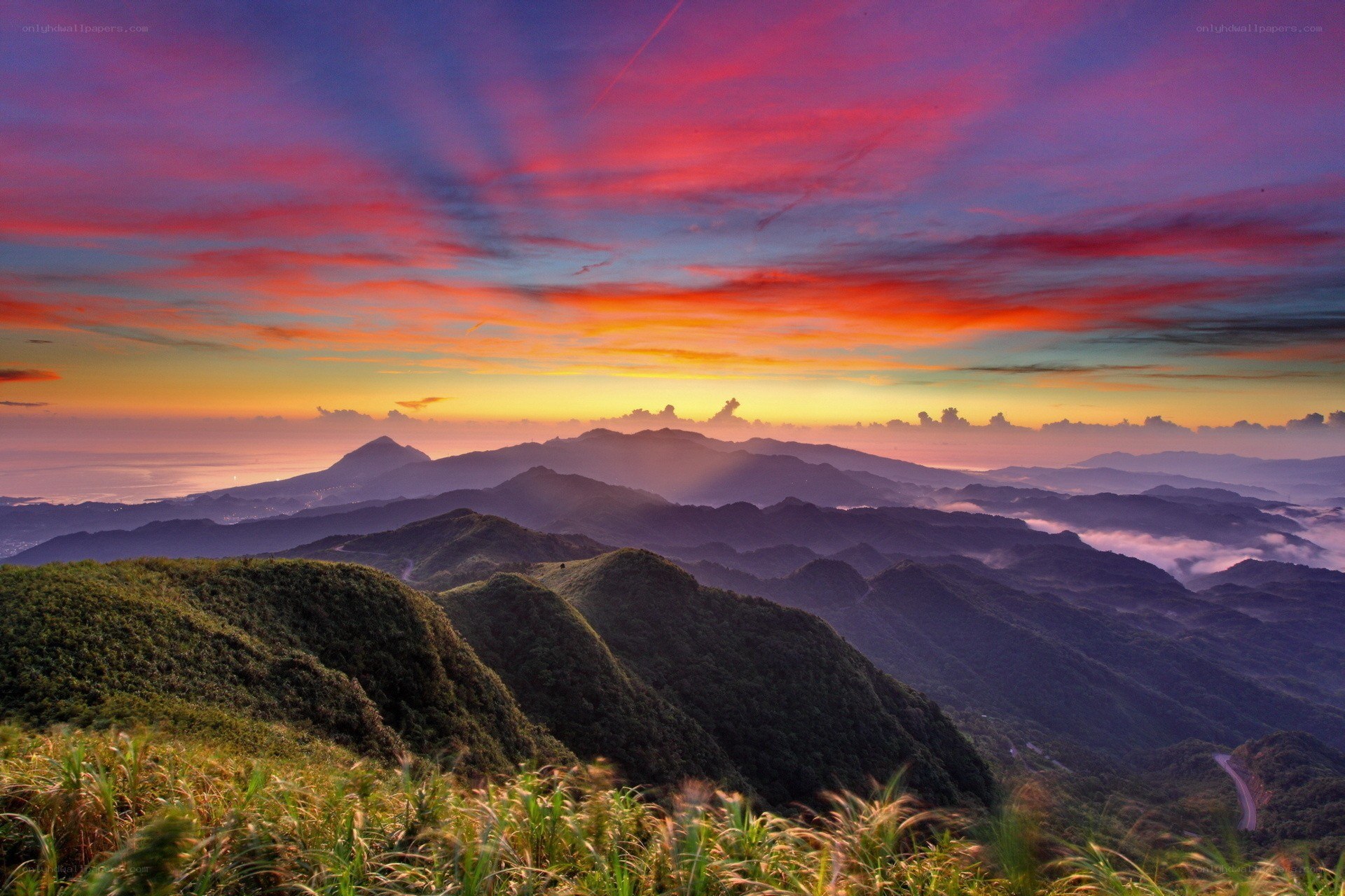 Mountain sunset with colorful sky