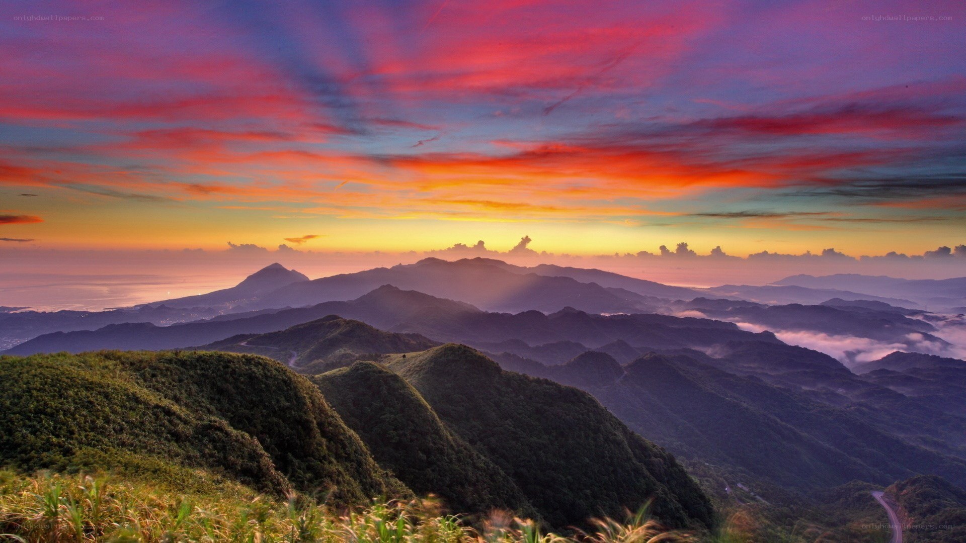 Mountain sunset with colorful sky