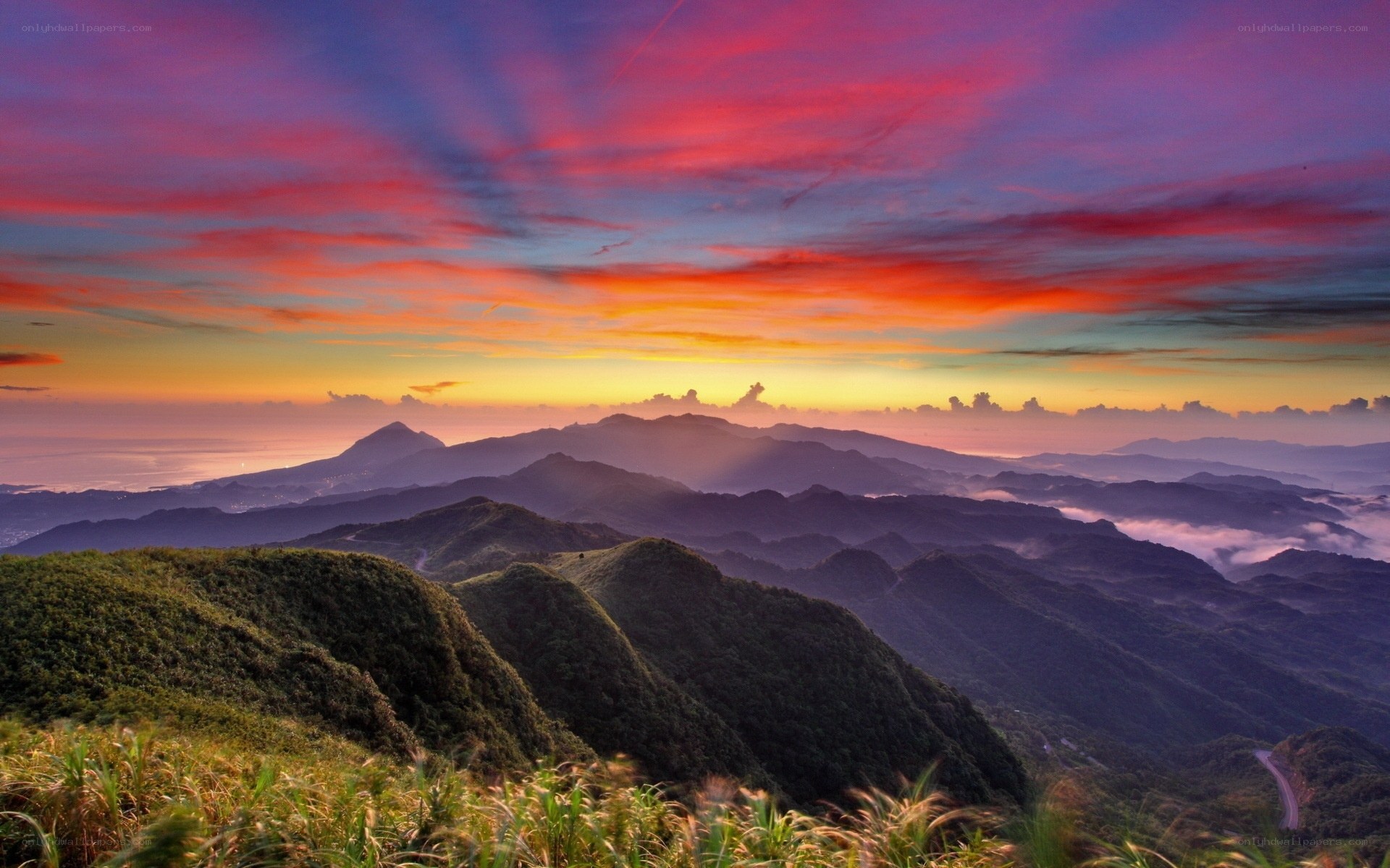 Mountain sunset with colorful sky