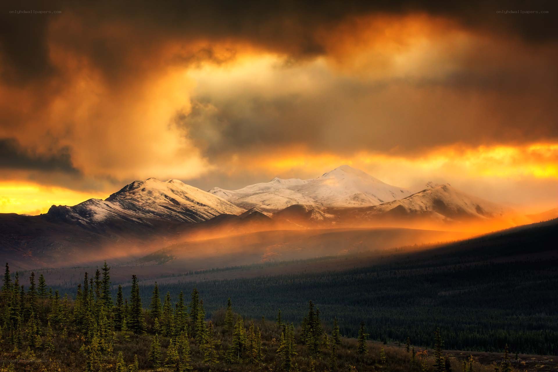 Mountain sunset with golden clouds