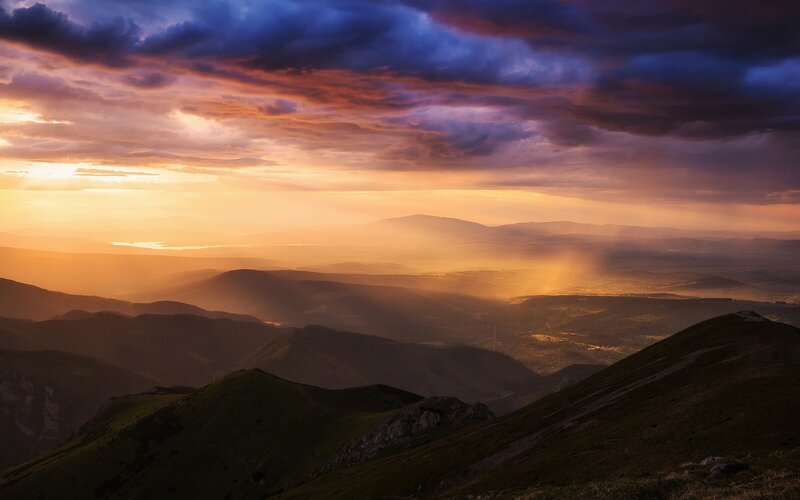 Mountain sunset with golden light