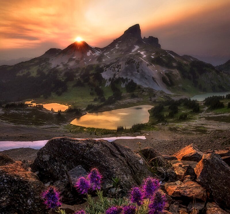 Mountain Sunset with Lake — Orange