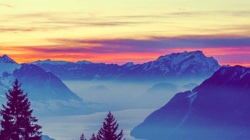 mountain sunset with lake